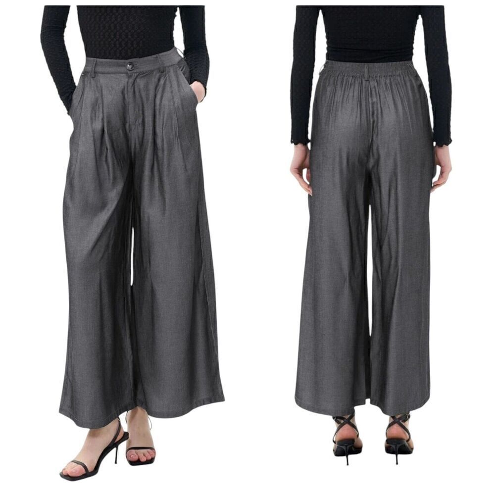 S.Deer Airy Elastic Waist Wide-Leg Chambray Dark Blue Pleated Front Trousers XXL